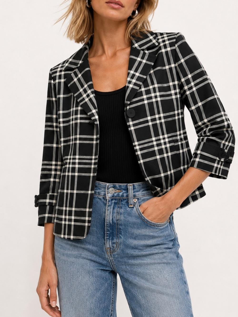 Talbots Black White Plaid Blazer Jacket Size 6 3/4 Sleeve Preppy